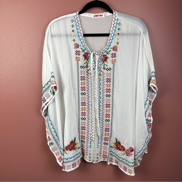 Johnny Was Tops - Johnny Was white rayon cupra embroidered poncho size medium